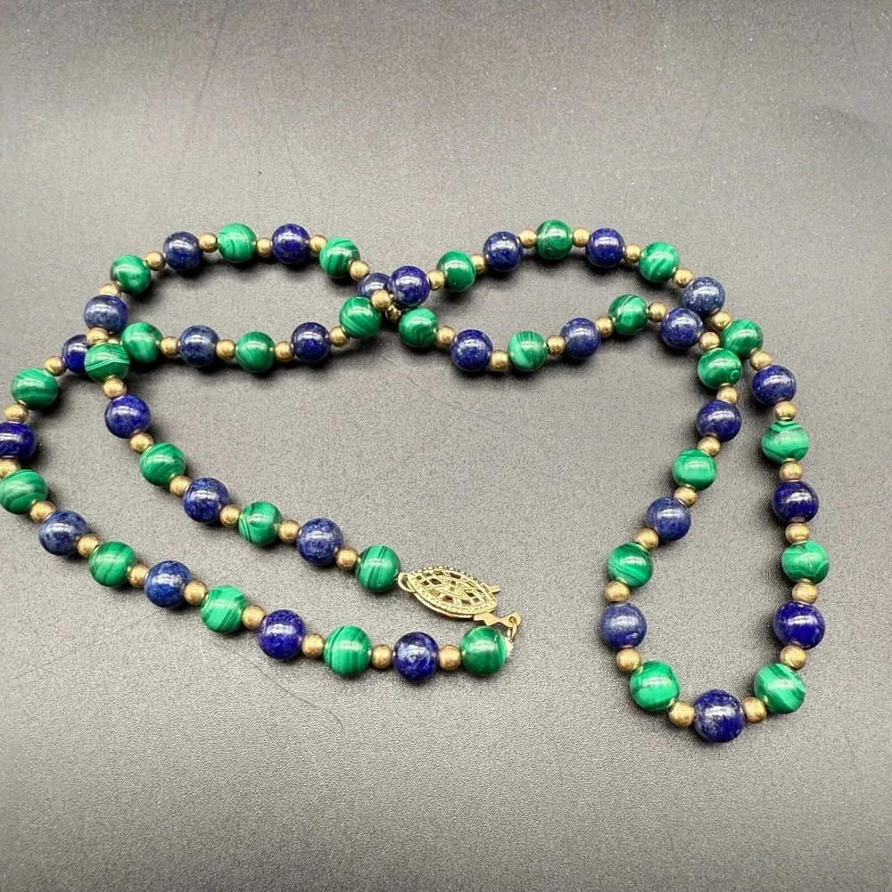 💚💙 Vintage Malachite & Lapis Bead Necklace 14/20 Gold Filled Clasp‎ 18